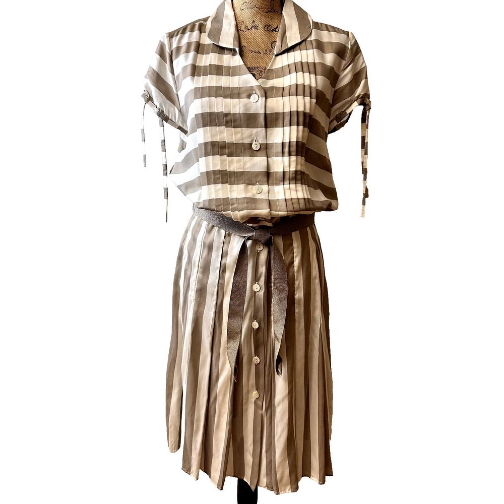 Graeme Black Women 100% Silk Dress SZ 44/ 8 White Beige Stripe Shirtdress Italy